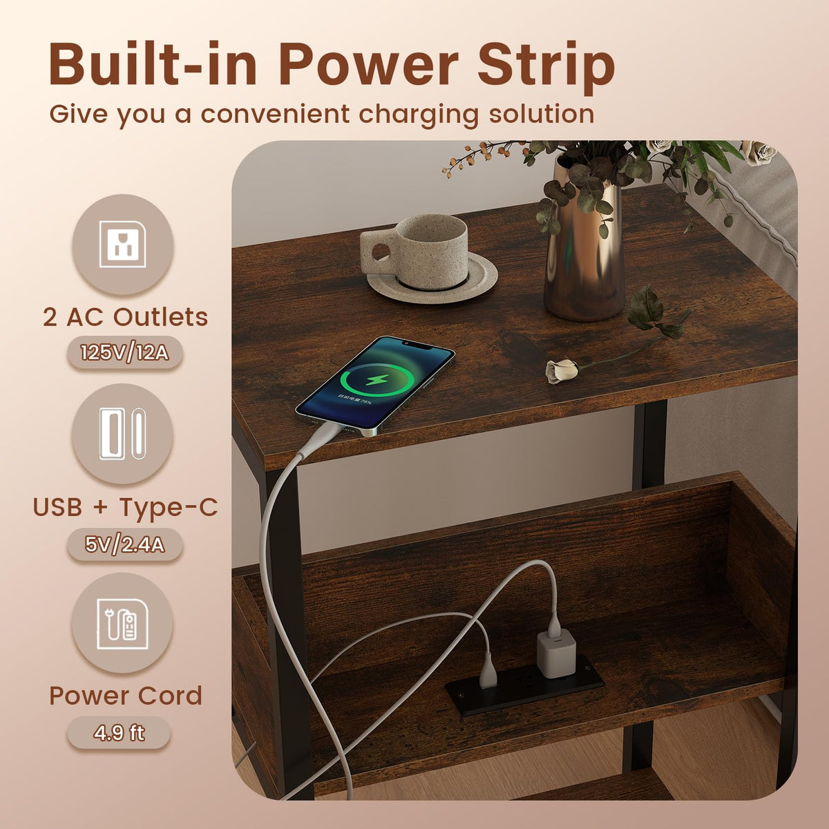 Goflame Side Table with Charging Station - Industrial 3-Tier Bedside Table w/Open Storage Shelves