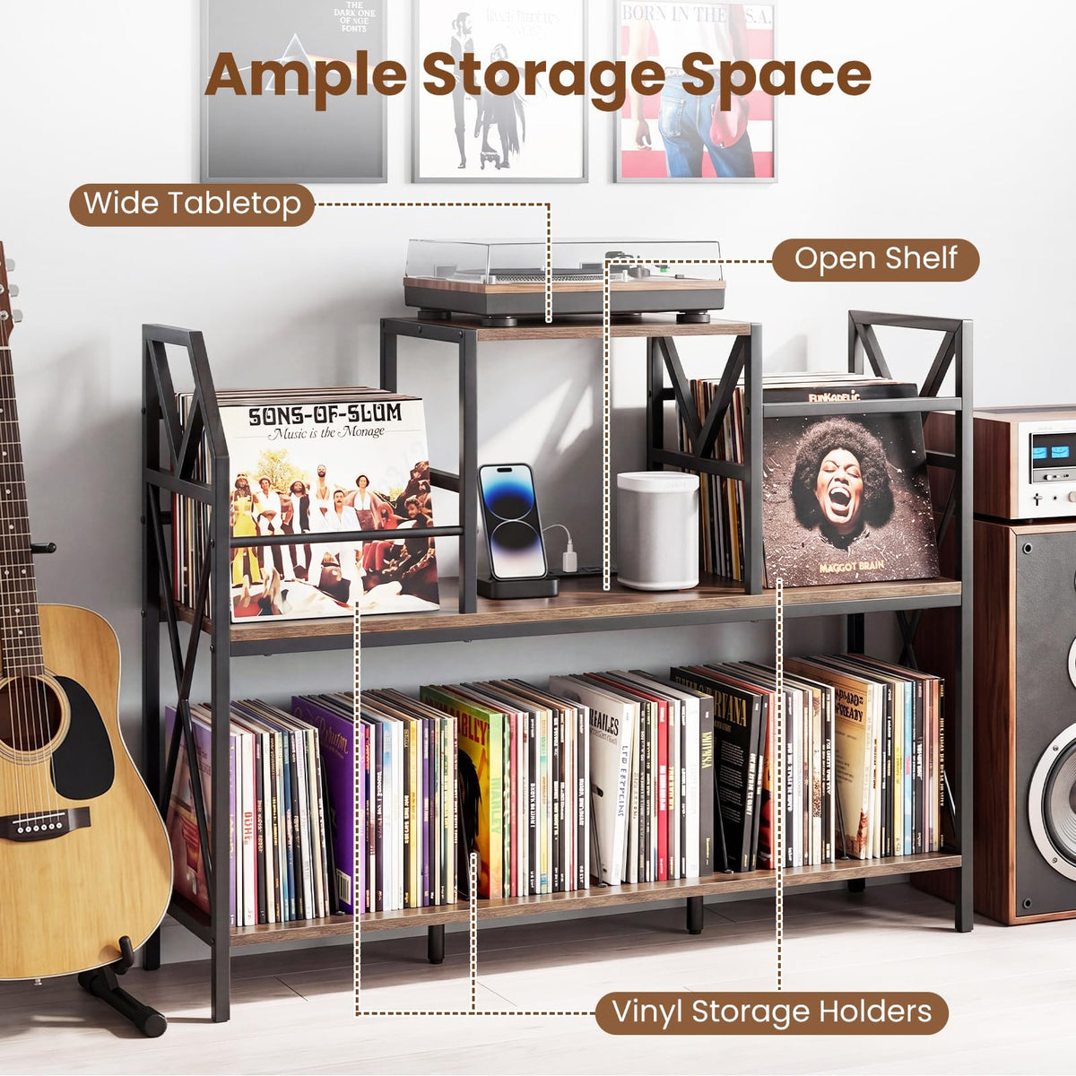 Goflame Large Record Player Stand with Charging Station & Dividers for Albums