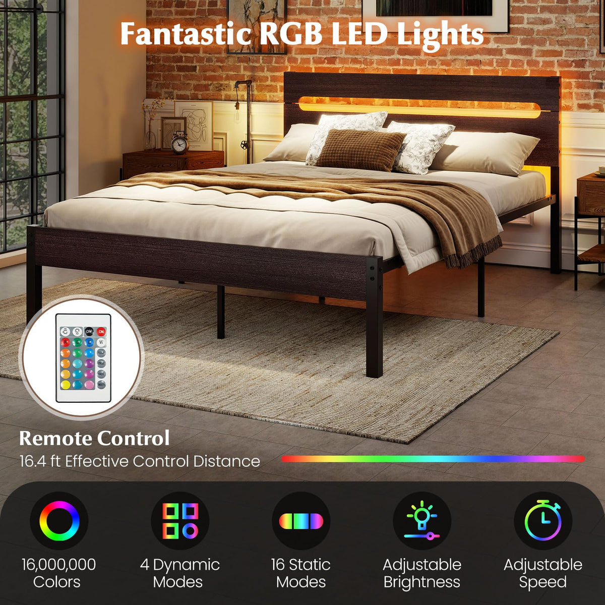Goflame Full Size LED Bed Frame with Charging Station Rustic Metal Platform Bed