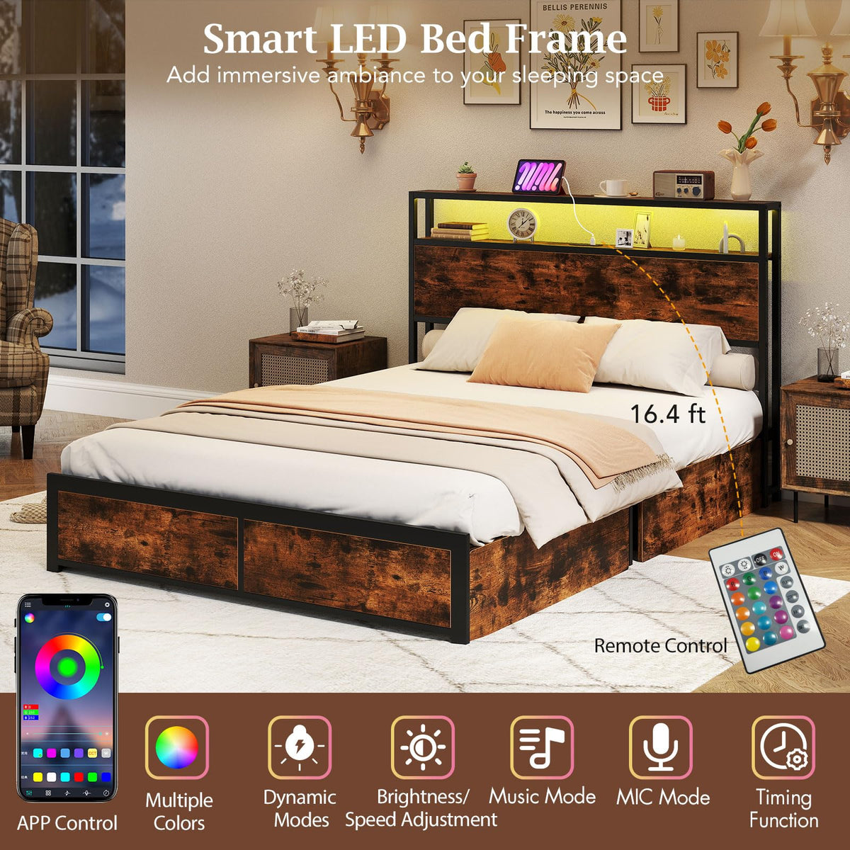 Goflame Queen/Full Size LED Bed Frame with Charging Station & 4 Storage Drawers