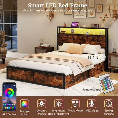 Goflame Queen/Full Size LED Bed Frame with Charging Station & 4 Storage Drawers