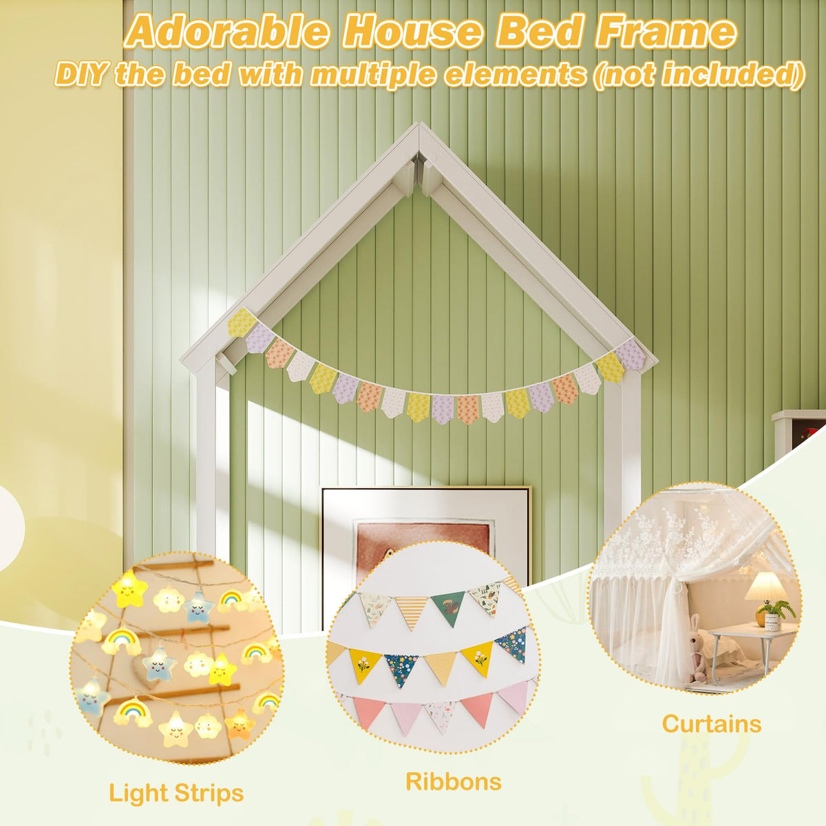 Goflame Twin Size House Bed Montessori Floor Bed with House Shape Roof & Semi-Fence