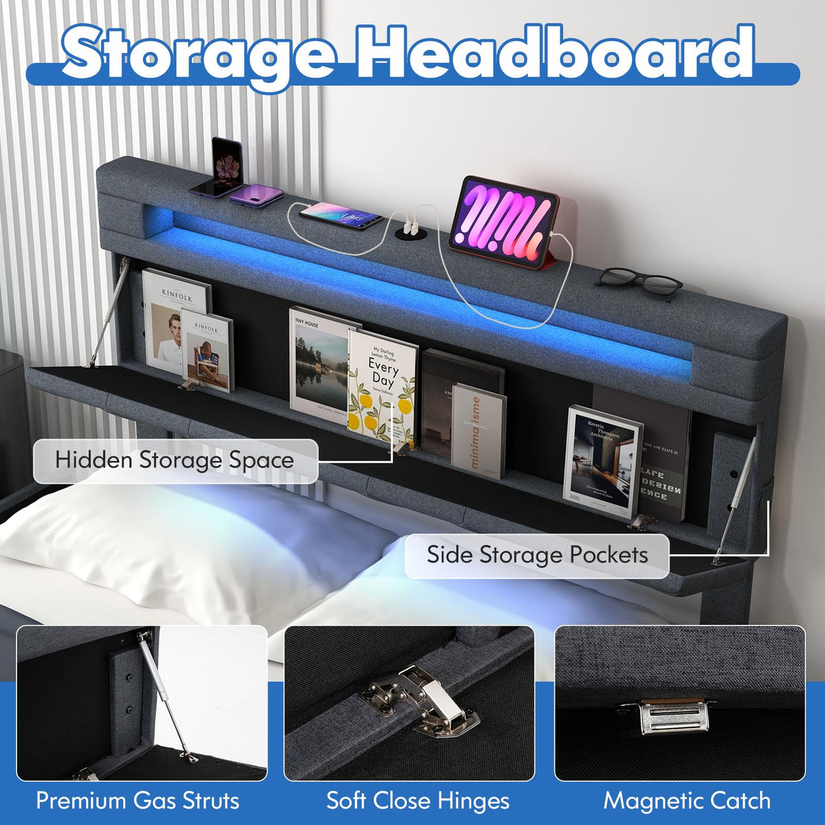 Goflame Queen/Full Size Bed Frame with Storage Headboard and 4 Drawers, Modern Upholstered Platform Bed with Charging Station
