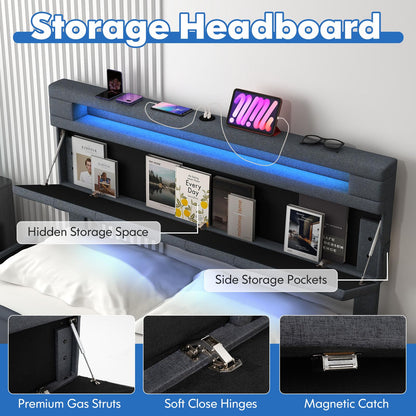 Goflame Queen/Full Size Bed Frame with Storage Headboard and 4 Drawers, Modern Upholstered Platform Bed with Charging Station