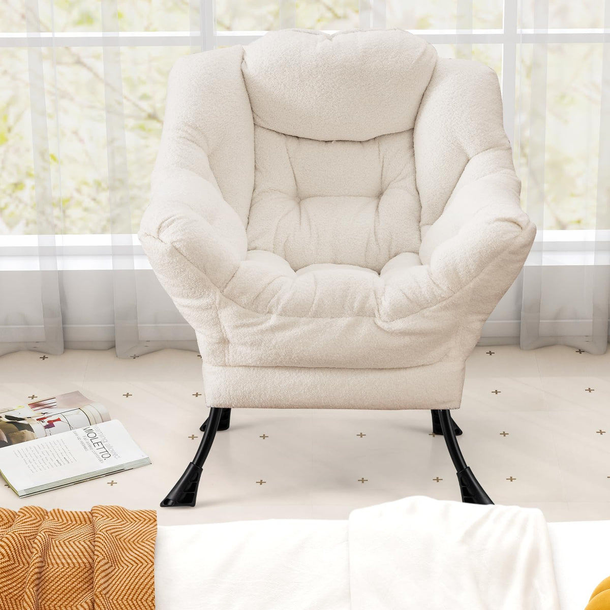 Goflame Set of 1/2 Lazy Chairs, Modern Sherpa Accent Chair w/Upholstered Single Sofa Chair w/Armrests & Side Pocket