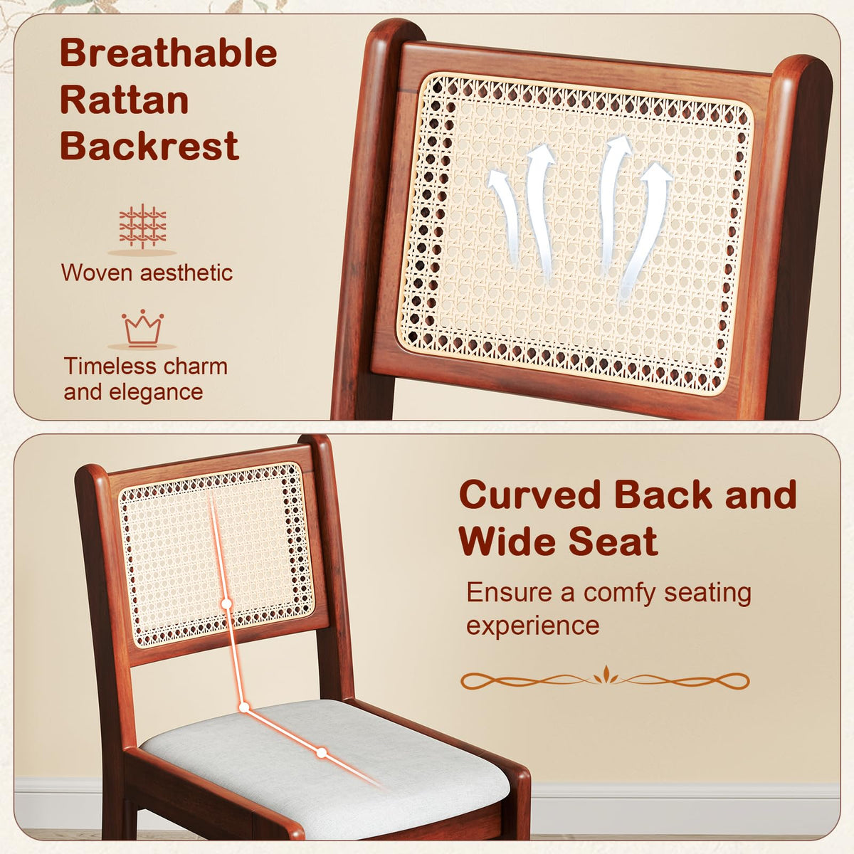 Goflame Rattan Dining Chairs Set of 2/4, Wooden Kitchen Chairs w/Cane Back, Rubber Wood Frame