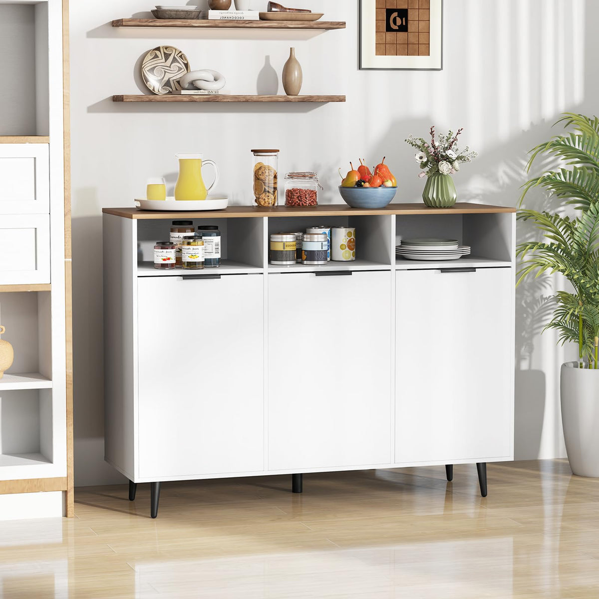 Goflame Sideboard Cabinet - 47” Buffet Cabinet with Storage Compartments, Countertop