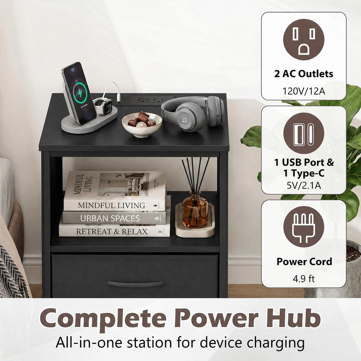 Goflame Modern 39" Bedside Table with Integrated Charging Station & 5 Fabric Drawers (1/2)