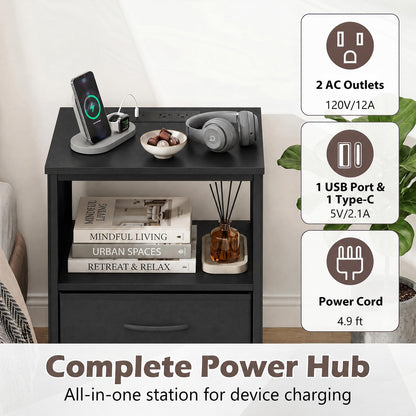 Goflame Modern 39" Bedside Table with Integrated Charging Station & 5 Fabric Drawers (1/2)
