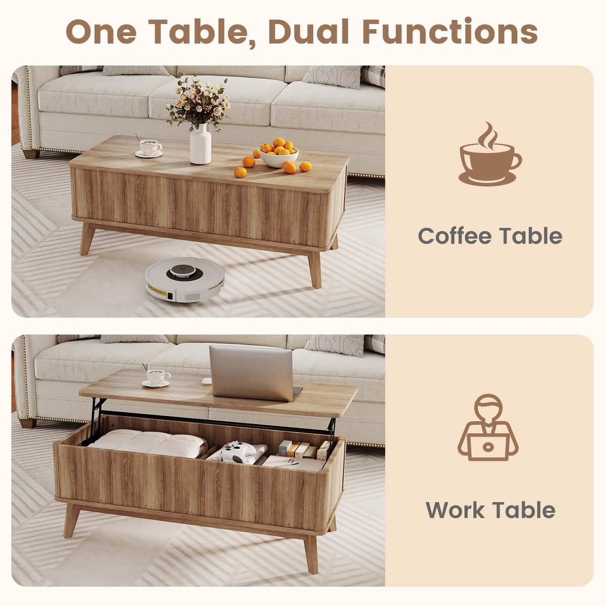 Goflame Lift Top Coffee Table with Storage | 43.5" Mid Century Modern Center Table with Solid Wood Leg & Hidden Compartment