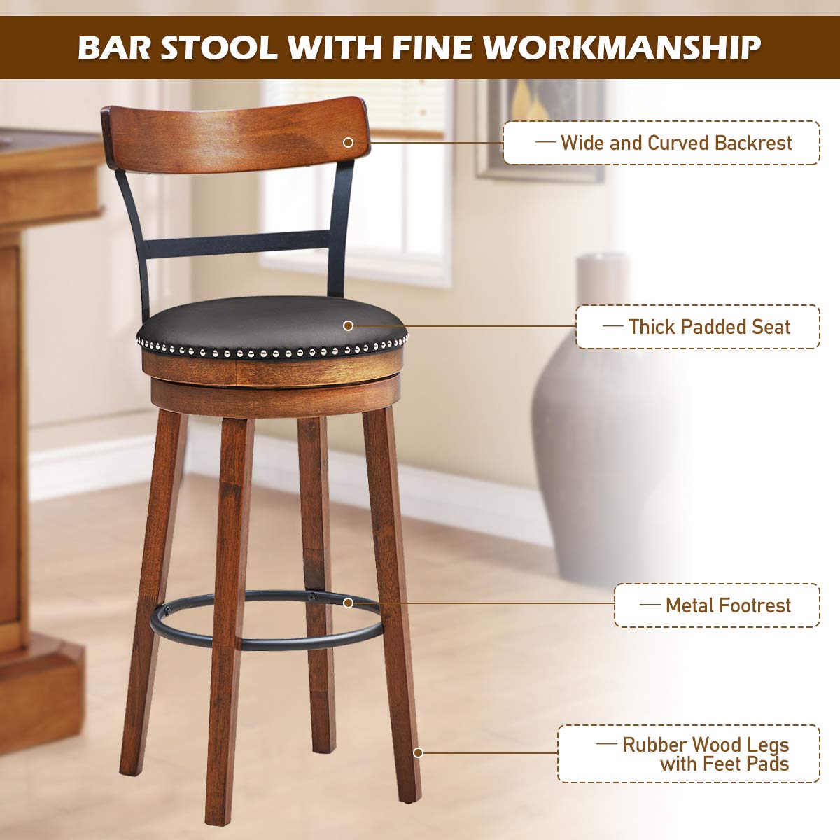 360-Degree Swivel Stools with Leather Padded Seat, Single Slat Ladder Back & Solid Rubber Wood Legs