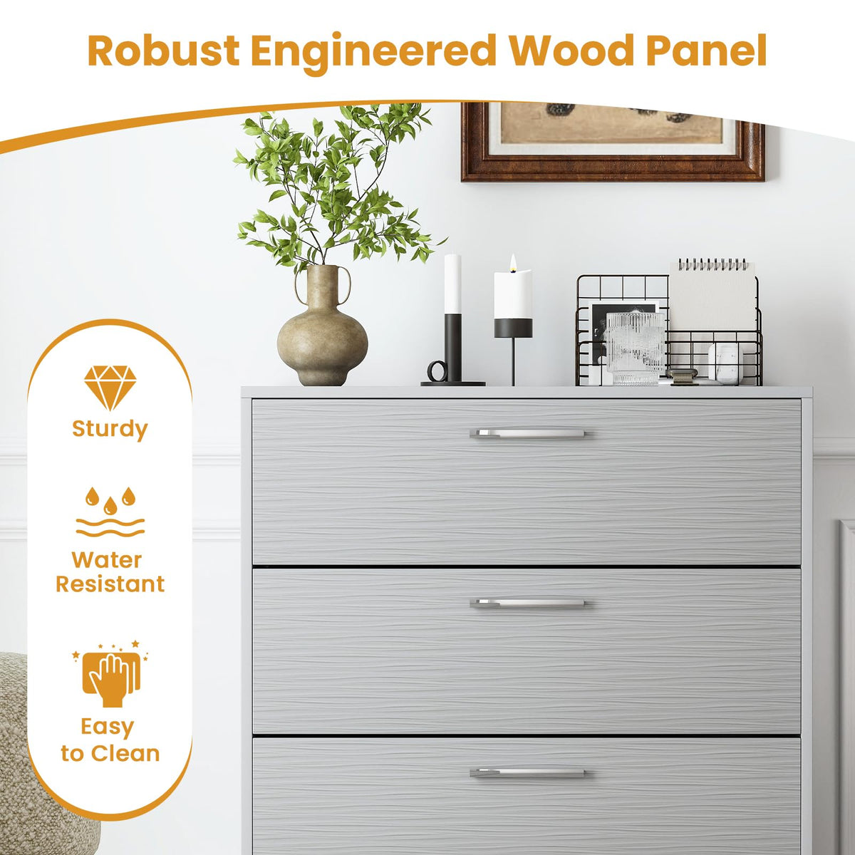 Goflame Storage Cabinet with 4 Drawers, Metal Legs & Handles, Anti-Toppling Devices, Tall Cabinet