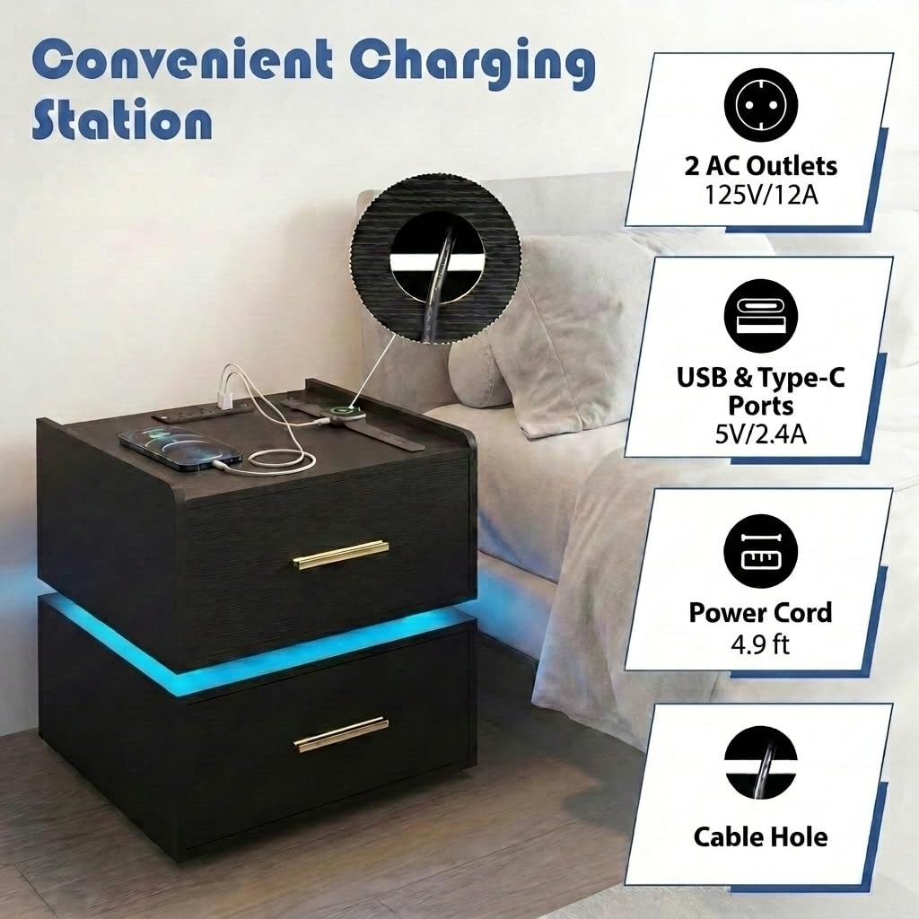 Goflame LED Night Stand with Charging Station & 2 Storage Drawers (1/2)