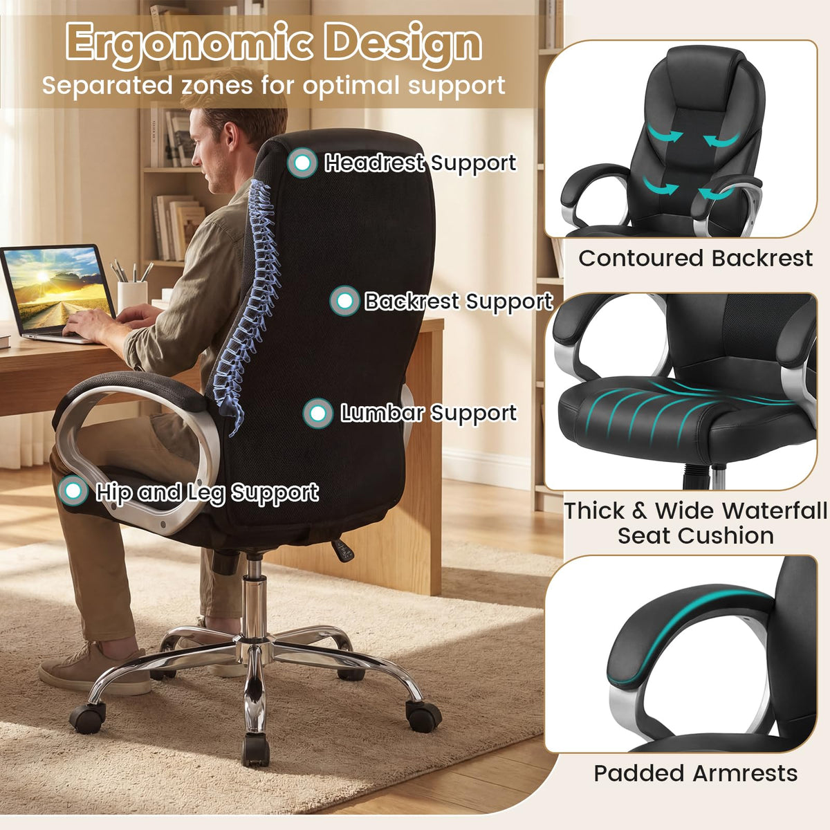 Goflame Leather Office Chair | Ergonomic Mesh Executive Chair with Padded Armrests & Rocking Backrest