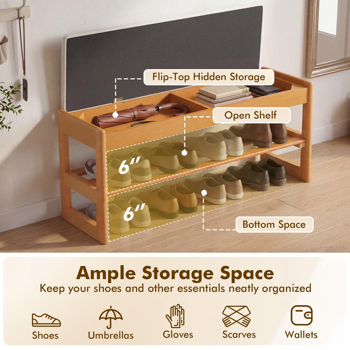 Goflame Rubberwood Shoe Rack Bench with Linen Seat Cushion