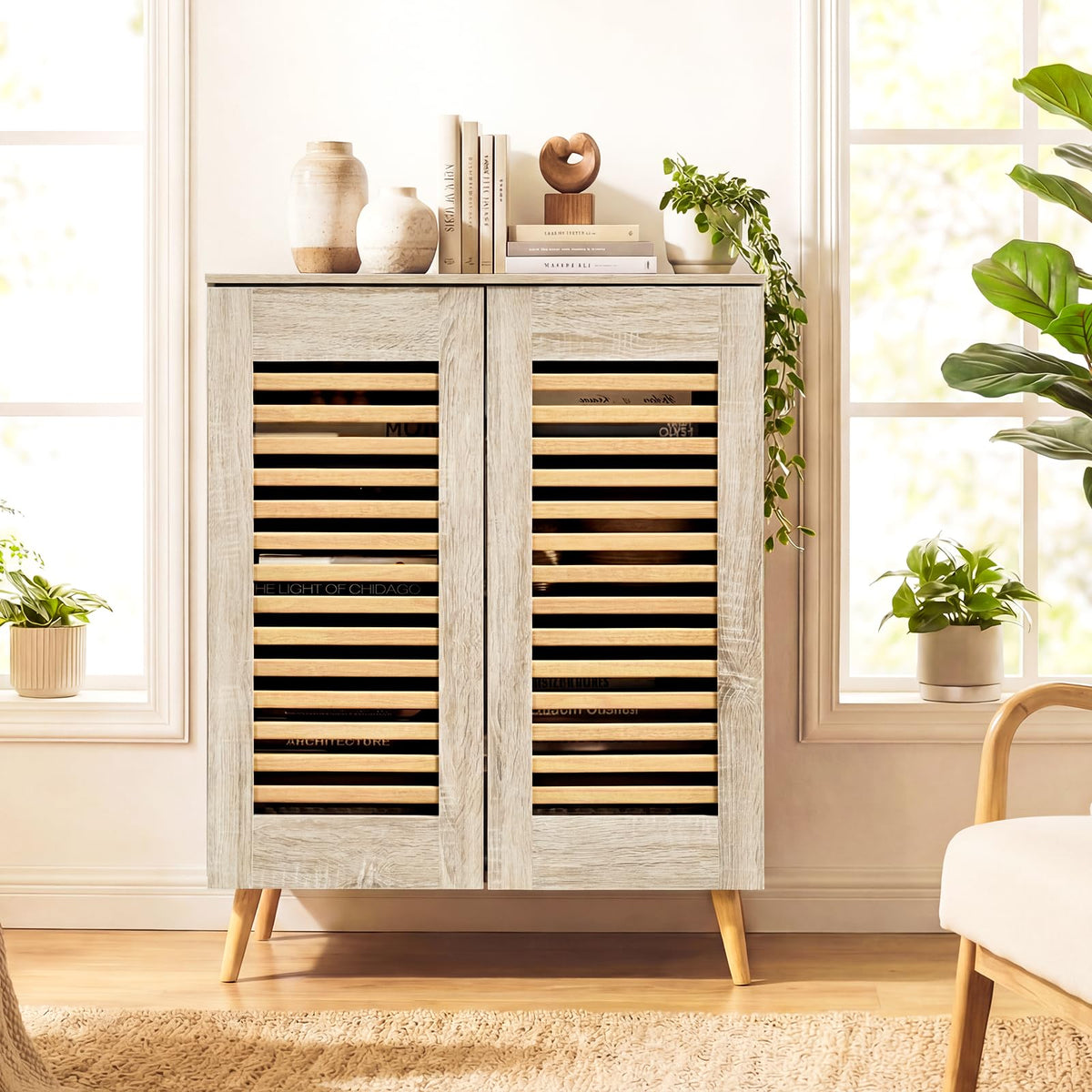 Goflame Shoe Cabinet 4-Tier Shoe Rack Organizer Cabinet(Louvered Door)