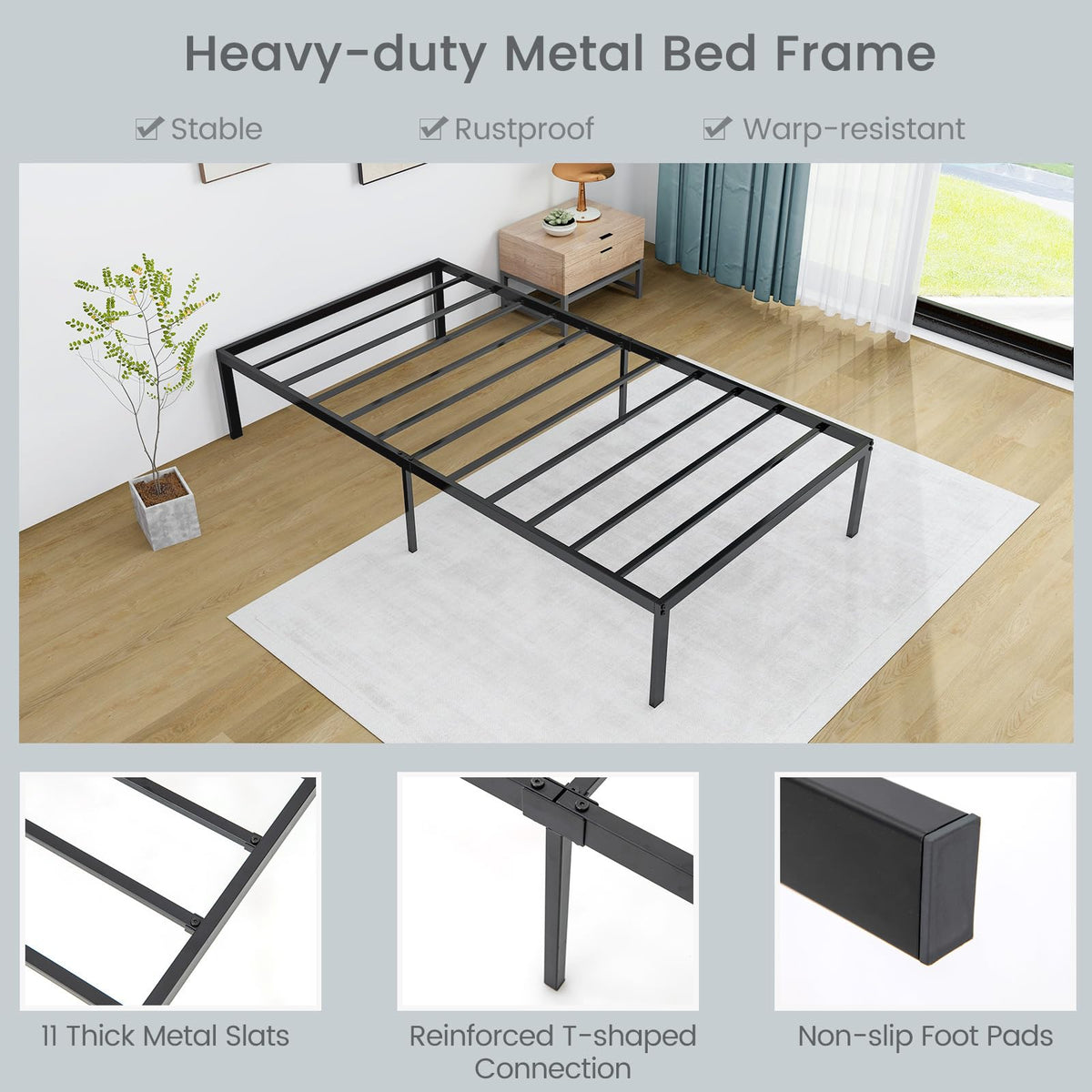Goflame Twin Bed Frame, 14 Inch Metal Platform Bed with Under Bed Storage Space, Heavy-Duty Steel Slat Mattress Foundation