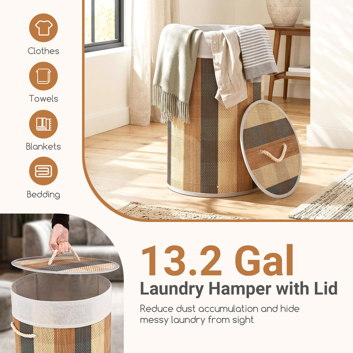 Goflame 13.2 Gal Round Bamboo Laundry Hamper with Lid