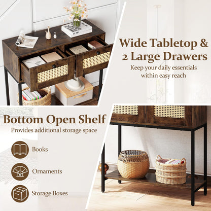 Goflame Rattan Console Table 32" Boho Entryway Table with 2 Drawers