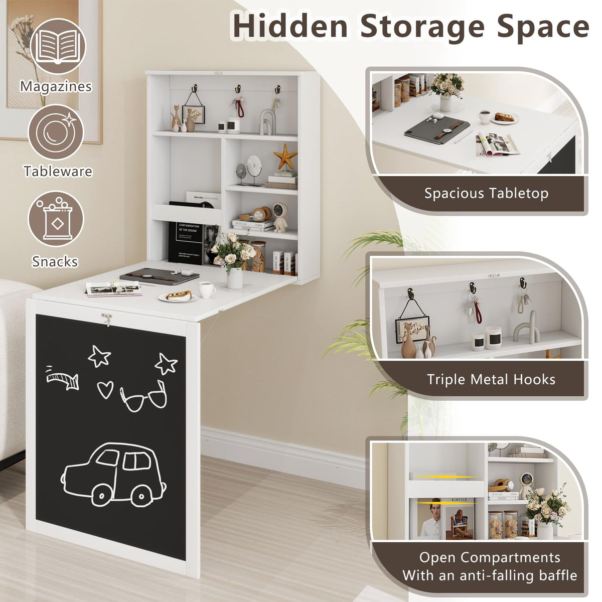 Goflame Foldable Wall Mounted Desk with Storage Shelves Hooks & Chalkboard