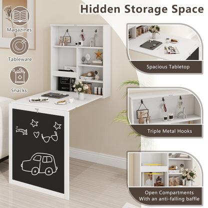 Goflame Foldable Wall Mounted Desk with Storage Shelves Hooks & Chalkboard