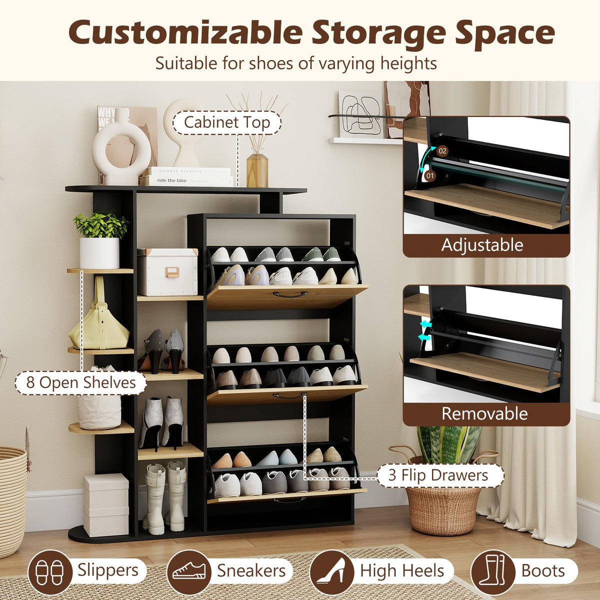 Goflame Shoe Cabinet with 3 Flip Drawers