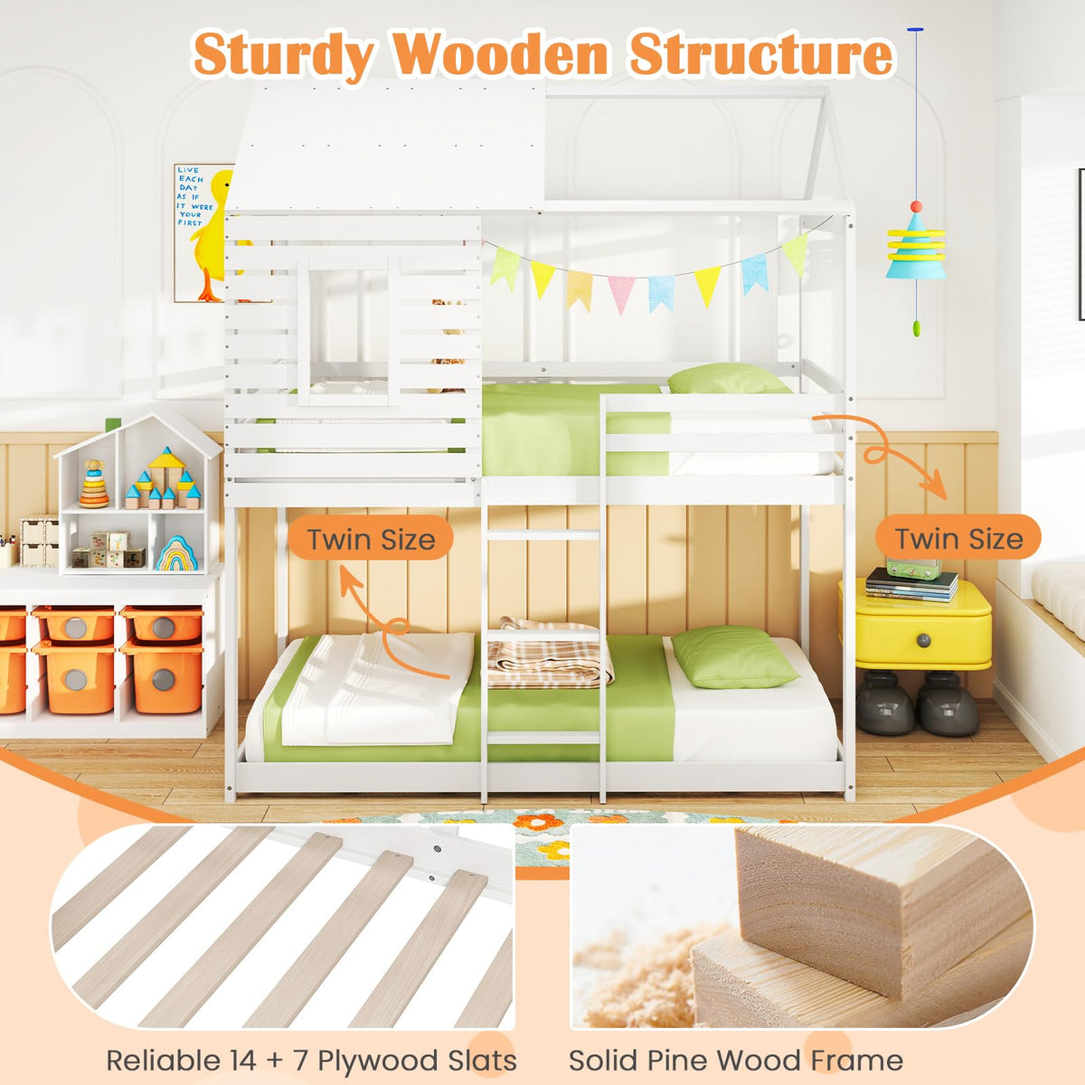 Goflame White Wood Bunk Bed Twin Over Twin with Ladder and Guardrail