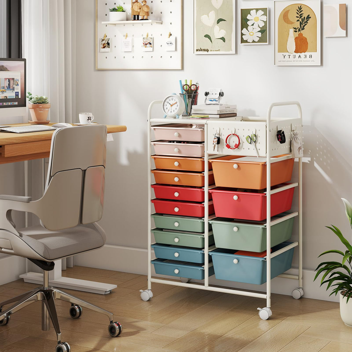 Goflame 14 Drawer Storage Cart | Rolling Craft Cart with Metal Tabletop & Pegboard