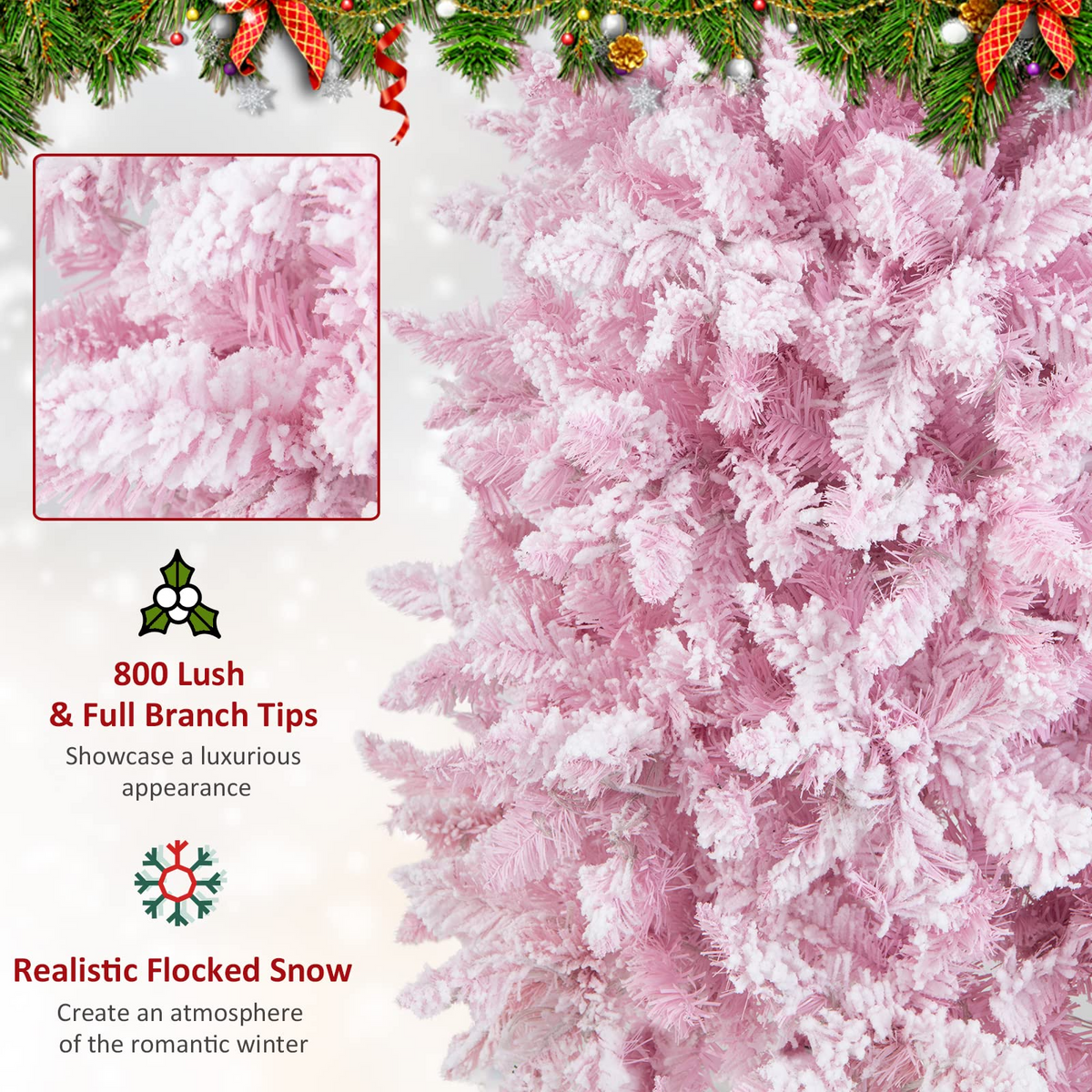 Goflame 7ft Pre-Lit Pencil Christmas Tree, Snow Flocked Artificial Slim Tree with 800 Branch Tips - GoflameUS