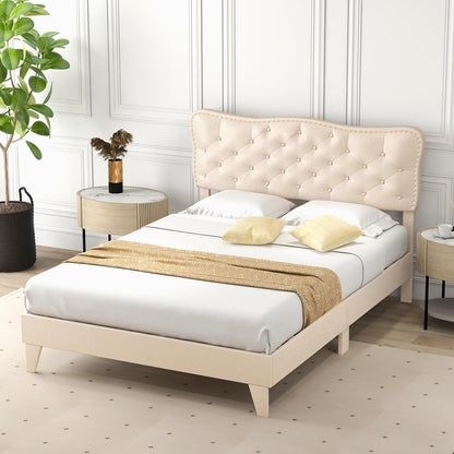 Goflame Full Size Bed Frame Beige, Linen Fabric Upholstered Platform Bed Frame with Nail Headboard