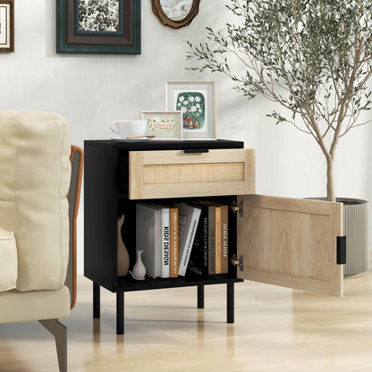 Goflame Rattan Nightstand Set of 2, Mid Century Modern End Table with Drawer & Cabinet, Sofa Side Table with Sturdy Metal Legs