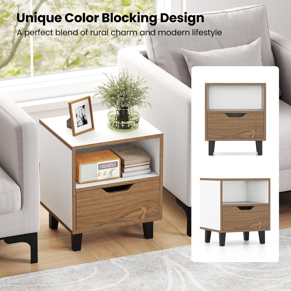 Goflame Mid Century Modern Nightstand with Metal Legs