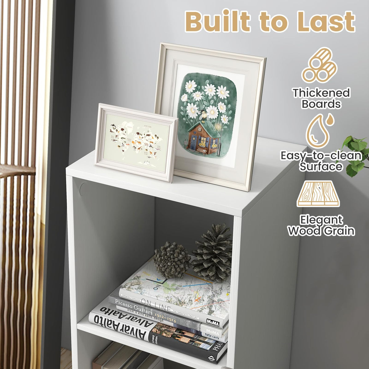 Goflame 2-Cube Bookcase, White Cubby Bookshelf w/Back Guardrail & Anti-Tipping Kits