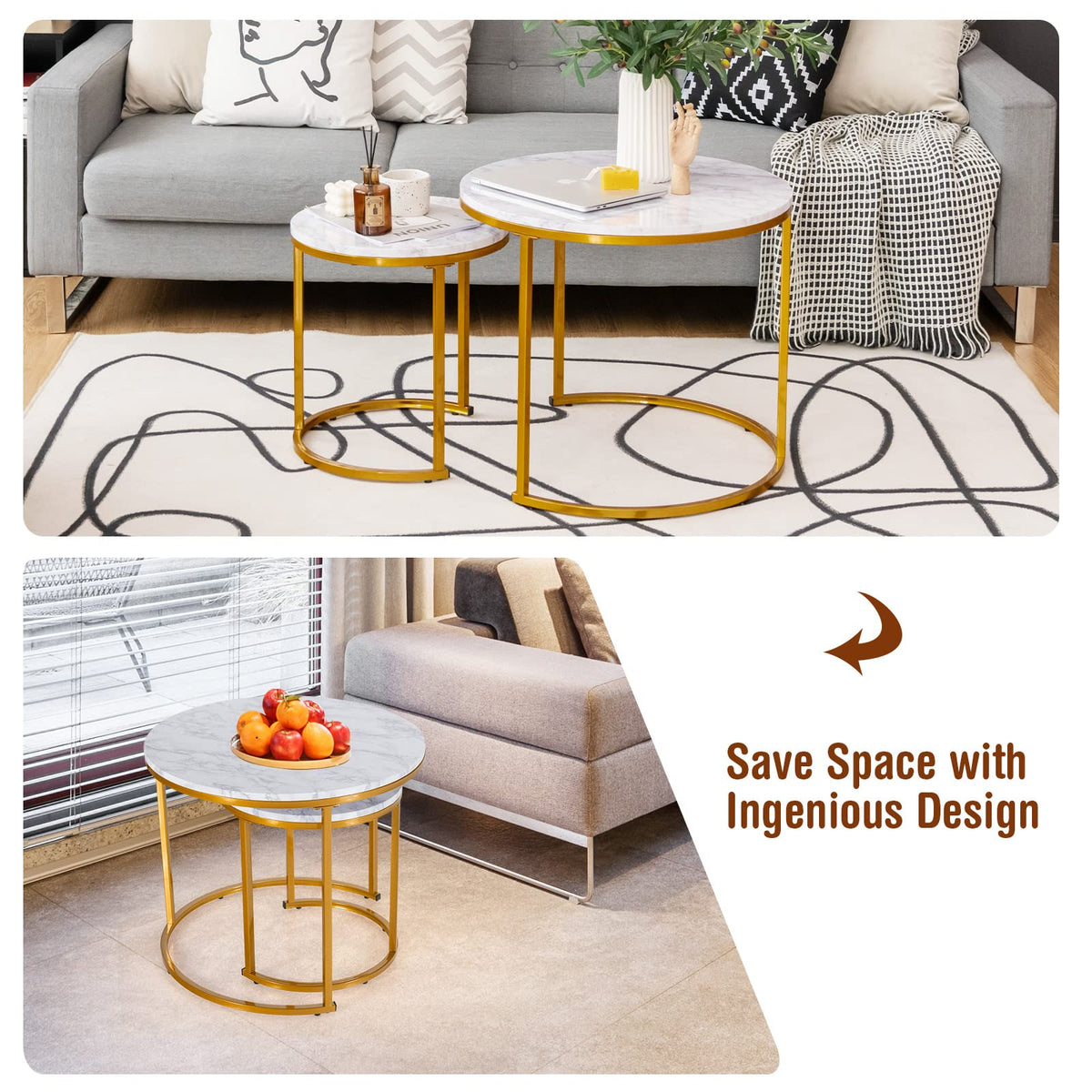 Goflame Nesting Coffee Table Set of 2, Round Stacking Side Tables with Wooden Tabletop & Powder Coated Steel Frame