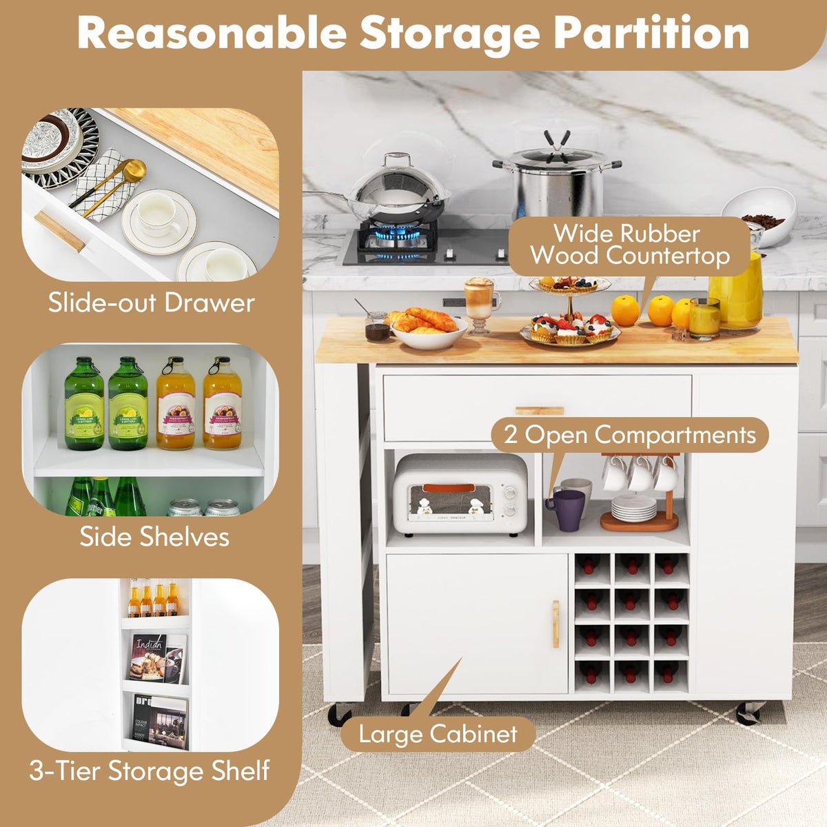 Goflame Mobile Kitchen Island Cart - 2-in-1 Reversible Serving Cart Bar Table Combo, White