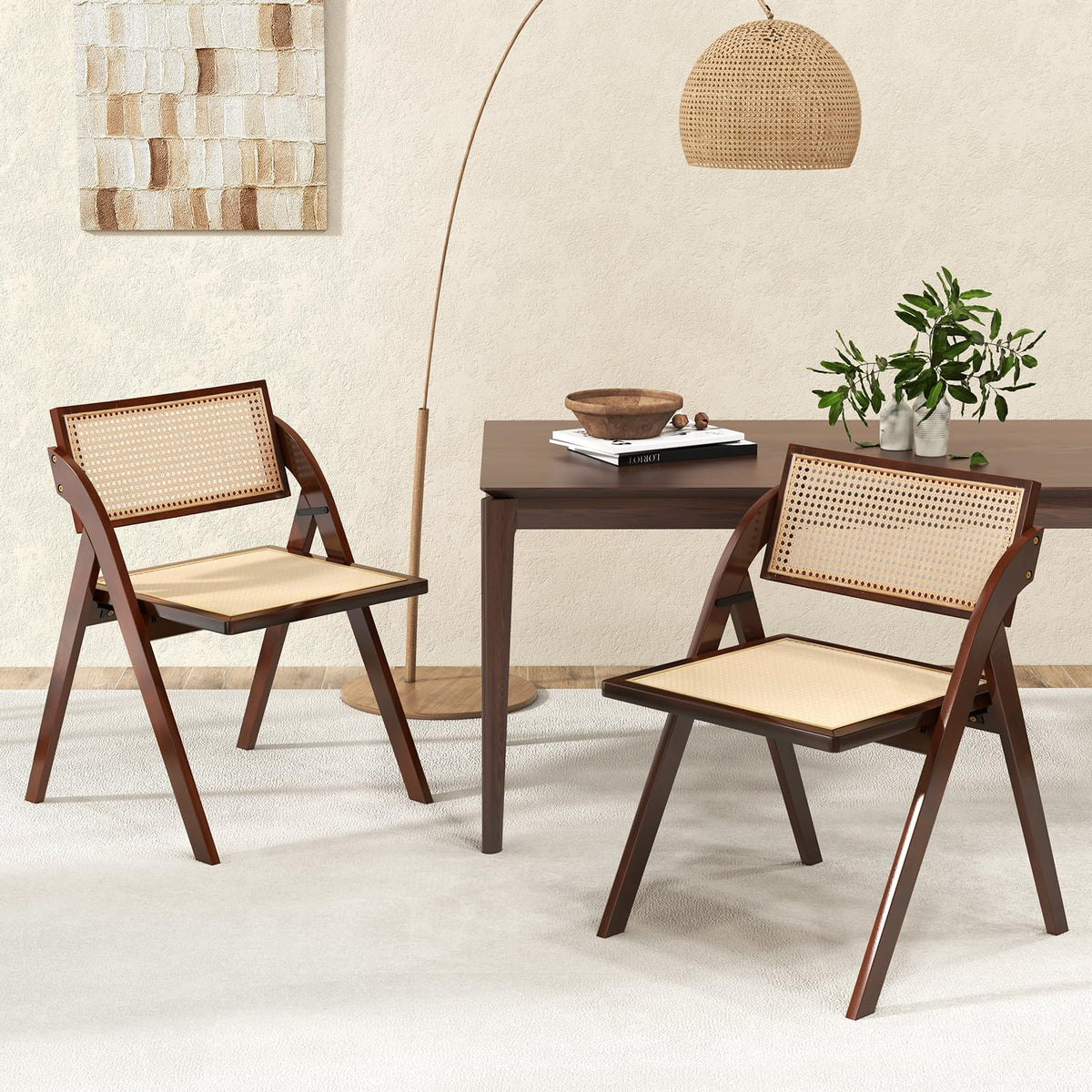 Goflame Folding Dining Chairs Set, Wooden Folding Chair with Rattan Backrest & Seat