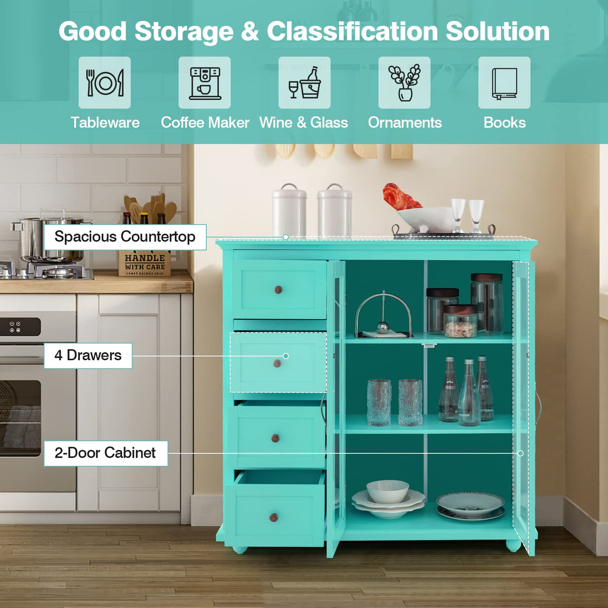 Goflame Buffet Sideboard with Storage - Kitchen Pantry Cabinet with 2 Doors, 4 Drawers, Adjustable Shelf
