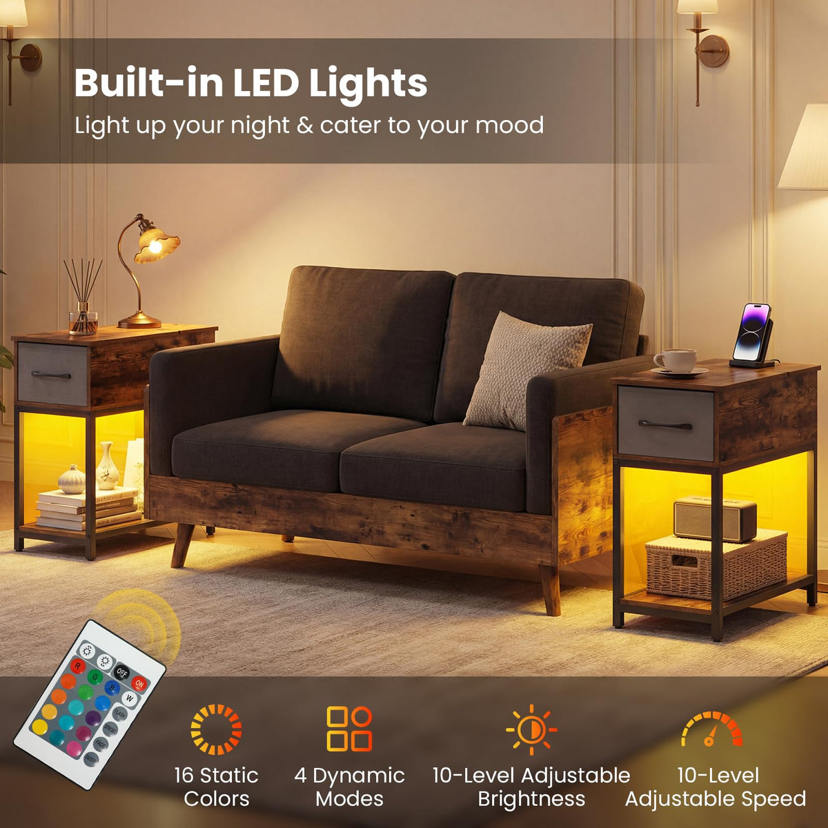 Goflame Narrow Side Table with Charging Station and LED Lights Industrial End Table