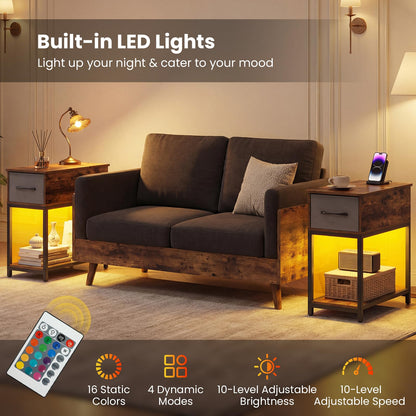 Goflame Narrow Side Table with Charging Station and LED Lights Industrial End Table
