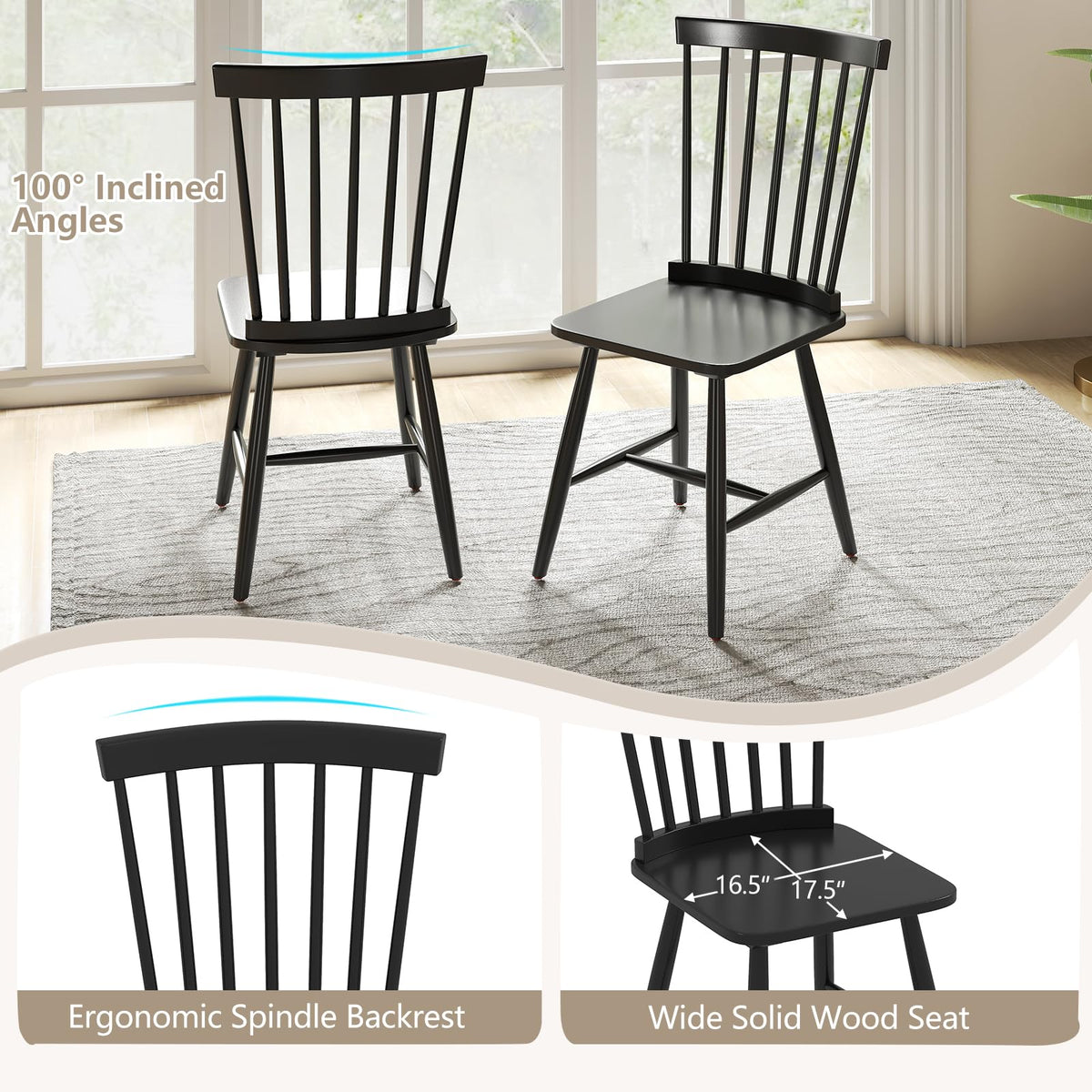 Goflame Windsor Dining Chairs Set of 2/4 Black, w/Wide Seat & Spindle Back, Max Load 400 Lbs