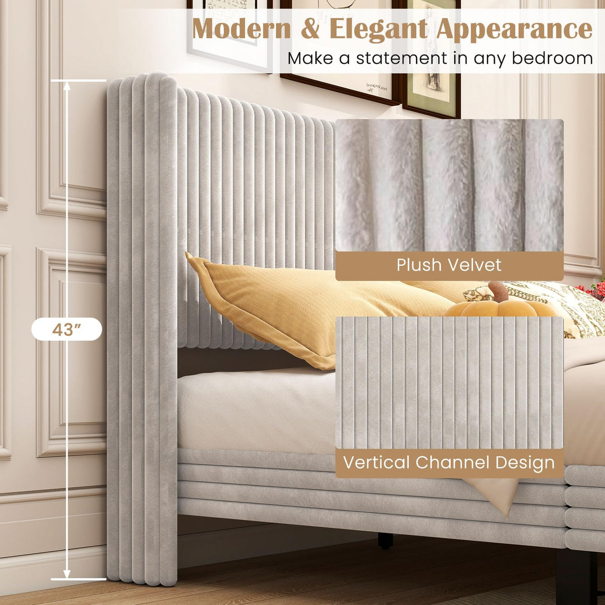 Goflame Queen Velvet Bed Frame Upholstered Platform Bed with Vertical Tufted Wingback Headboard