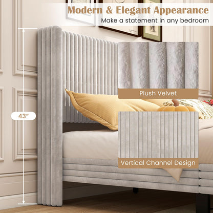 Goflame Queen Velvet Bed Frame Upholstered Platform Bed with Vertical Tufted Wingback Headboard