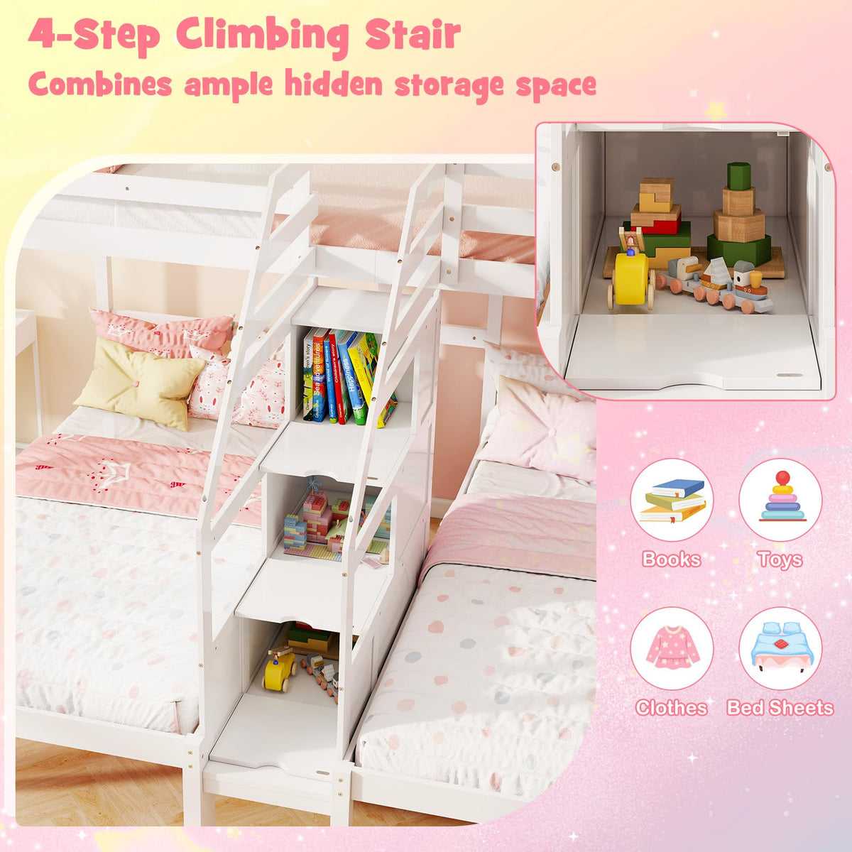Goflame Twin Over Twin & Twin Bunk Bed, Triple Bunk Beds with 4-Step Storage Stair, Wooden 3 Bunk Beds for Kids Teens