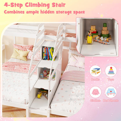 Goflame Twin Over Twin & Twin Bunk Bed, Triple Bunk Beds with 4-Step Storage Stair, Wooden 3 Bunk Beds for Kids Teens