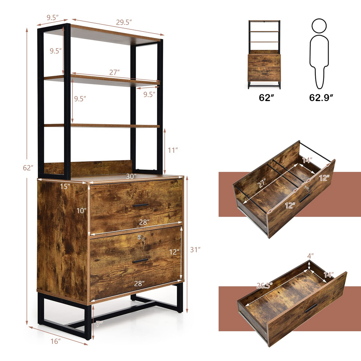 Goflame Lateral File Cabinet with 2 Drawers with Lock