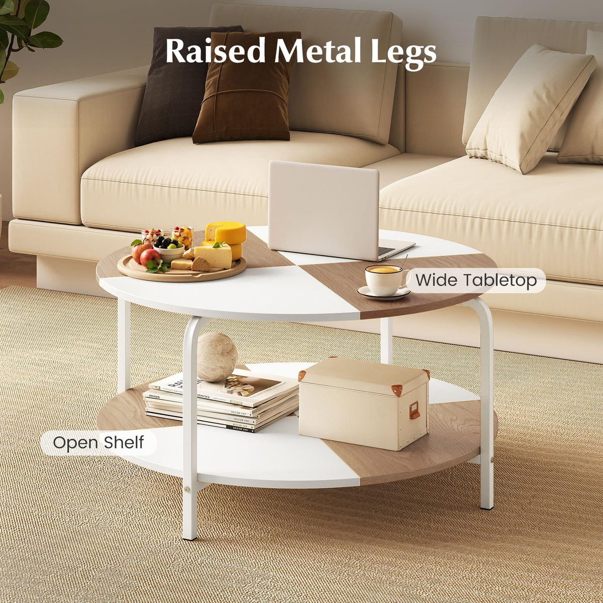 Goflame Round Coffee Table 2-Tier Center Table with Open Storage Shelf