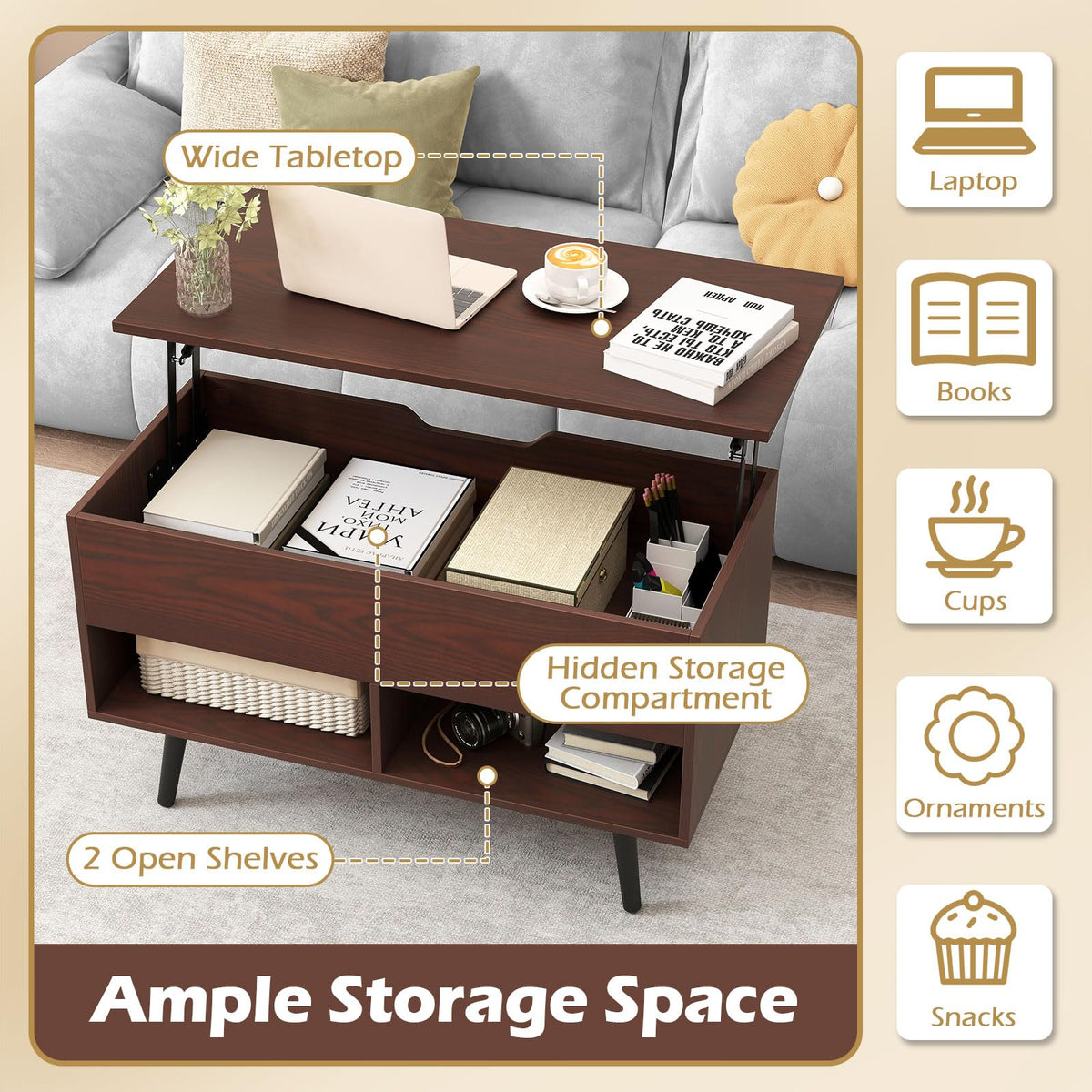 Goflame Lift Top Coffee Table Modern Cocktail Table w/Hidden Compartment & 2 Open Shelves