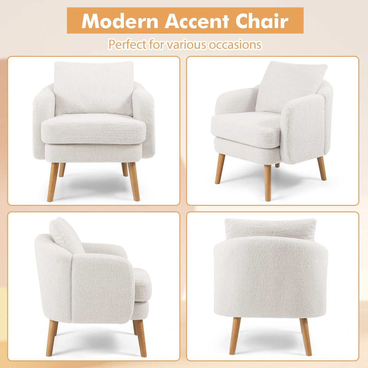 Goflame Sherpa Accent Chair, Modern Upholstered Single Sofa Chair with Back Pillow & Solid Rubber Wood Legs