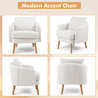 Goflame Sherpa Accent Chair, Modern Upholstered Single Sofa Chair with Back Pillow & Solid Rubber Wood Legs