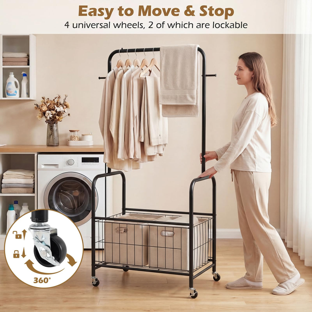 Goflame 35" Clothes Rack with Storage Basket & Lockable Wheels